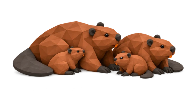 Two beavers, one larger and one smaller, stand together outdoors.