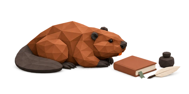 A beaver sits at a desk and writes in an open journal.