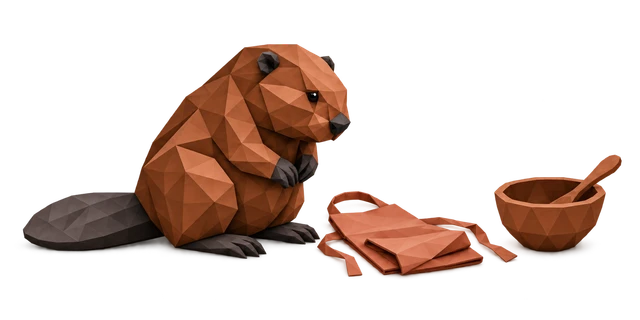 A beaver in a checkered apron holds a wooden spoon in a kitchen.
