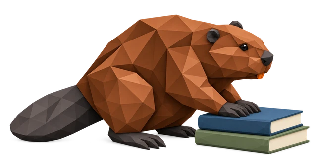 A beaver reads a book in a green armchair beside a tall bookshelf.