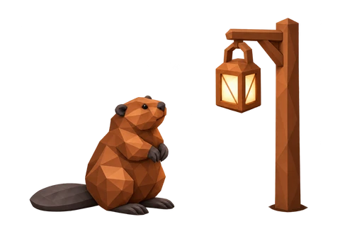 A beaver in a green cap and plaid shirt waves beside a small house.